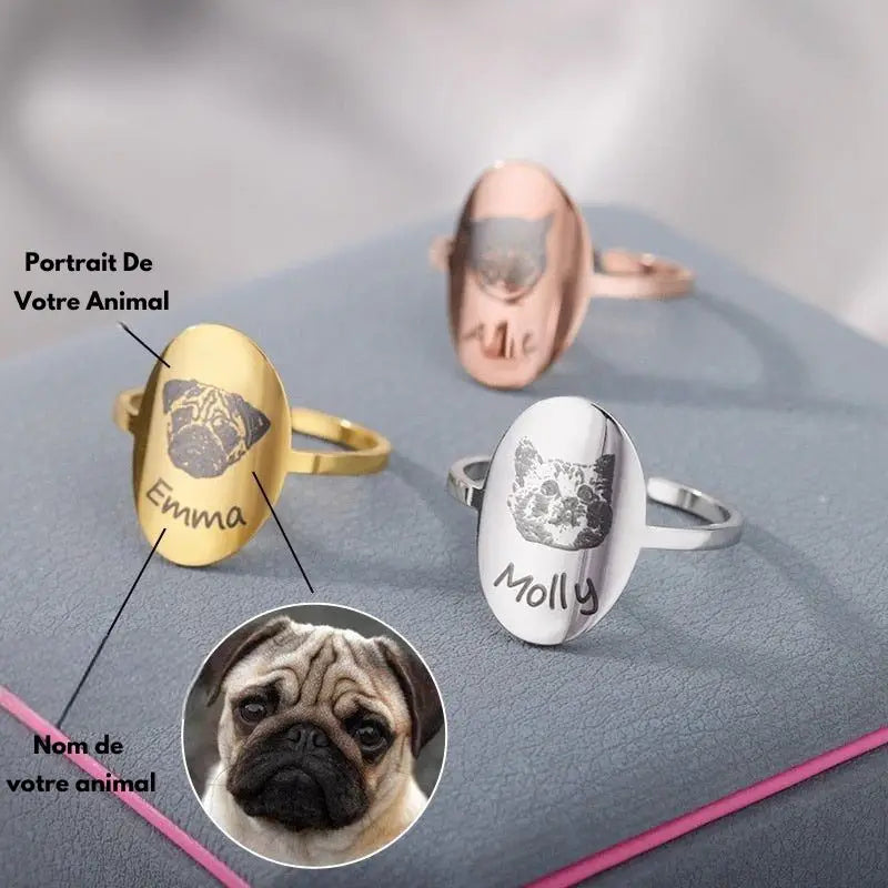 Bague personnalisée prénom pour amoureux des animaux - Personalized pug ring with animal names
