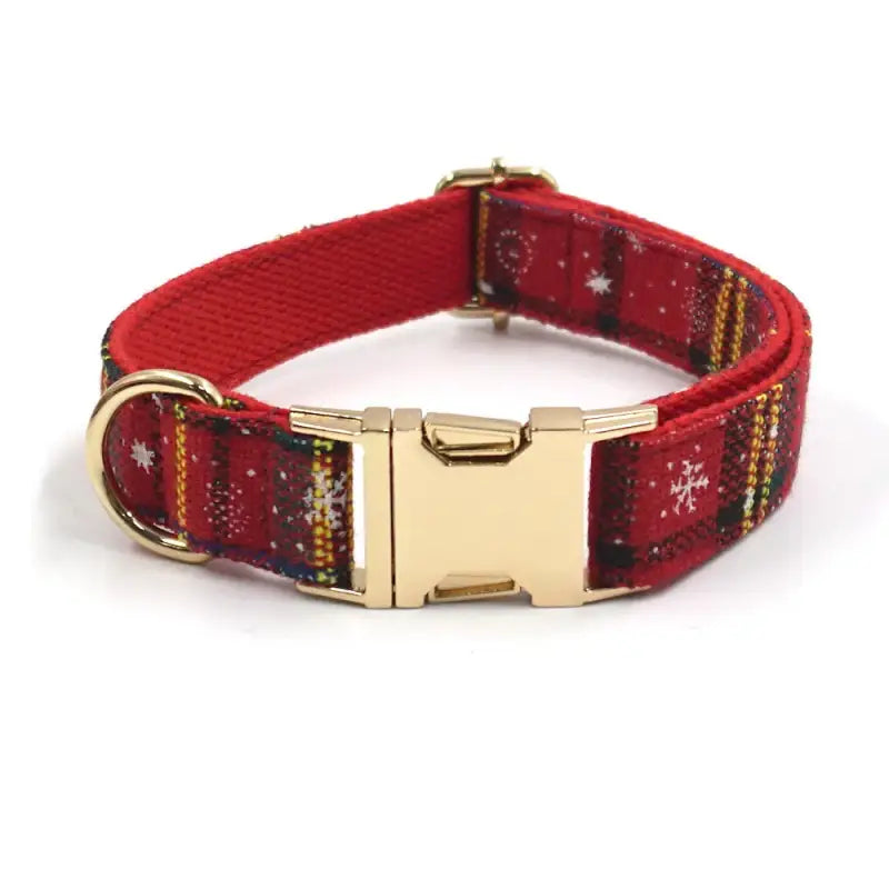 Collier pour chien rouge, boucle dorée, motif festif à carreaux rouges et verts, motif carreaux rouges