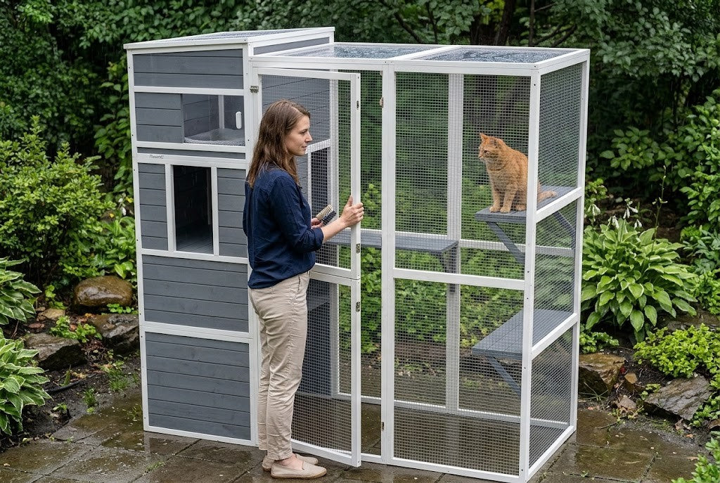 Porte pleine hauteur ouverte pour nettoyer l'enclos facilement