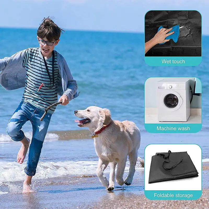 Garçon courant sur la plage avec un chien ; la housse de siège de voiture poils résistant garde votre voiture propre