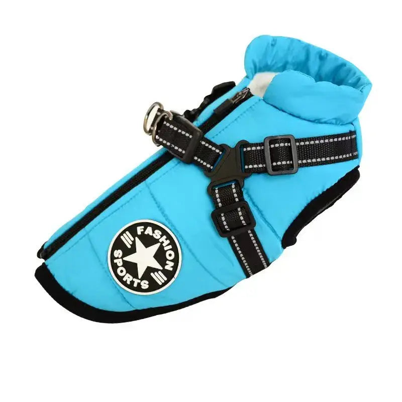 Manteau Confort pour chiens - Manteau bleu avec harnais intégré et étoile noire, idéal pour les promenades