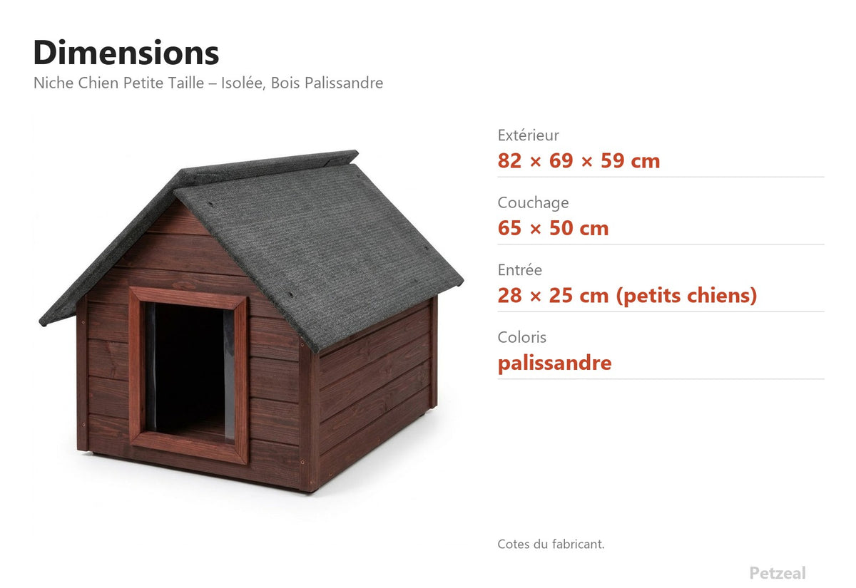 Niche Chien Petite Taille – Isolée, Bois Palissandre – dimensions : extérieur 82 × 69 × 59 cm, couchage 65 × 50 cm, entrée 28 × 25 cm (petits chiens)