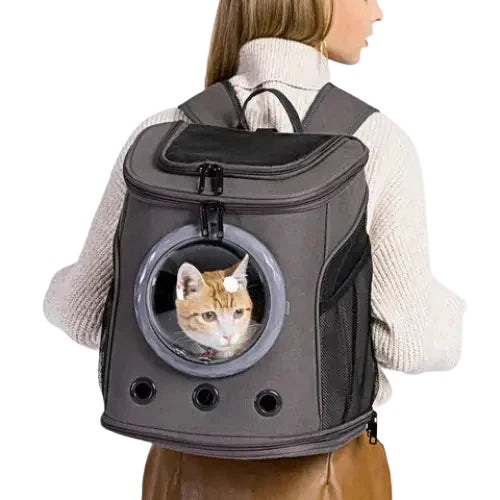 Femme tenant un chat dans un AstroBag : Adventure Backpack for Cat, prêt pour des aventures à l’extérieur Transparent Background