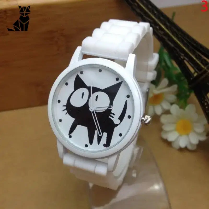 Belle Montre Chat Au Design Cartoon Pour Les Amoureux Des Félins - Blanc