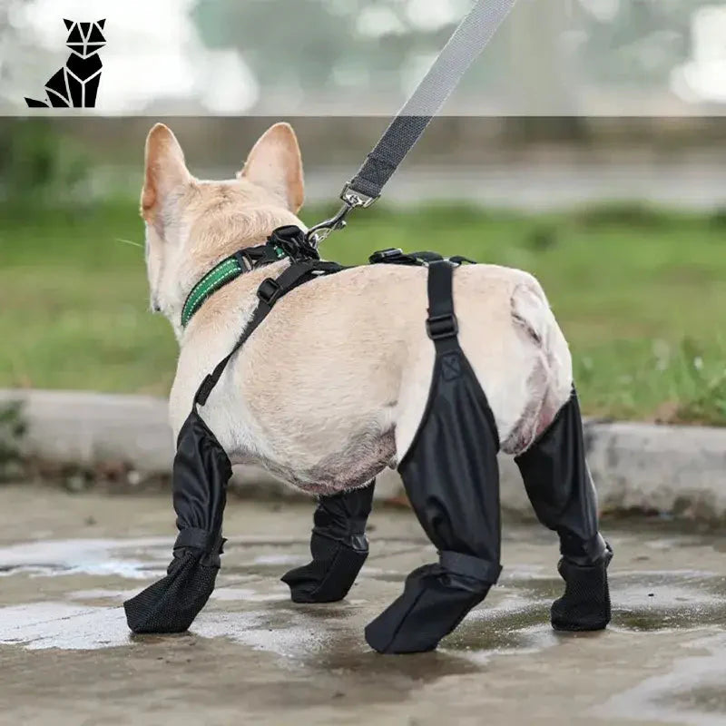 Petit chien dans un harnais mettant en valeur les Dog Boots : meilleures bottes pour un promeneur actif