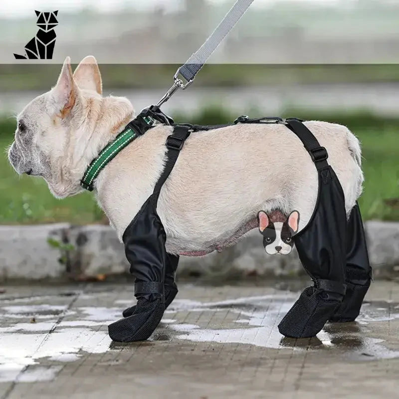 Petit chien dans un harnais mettant en valeur les meilleures bottes pour les marcheurs actifs