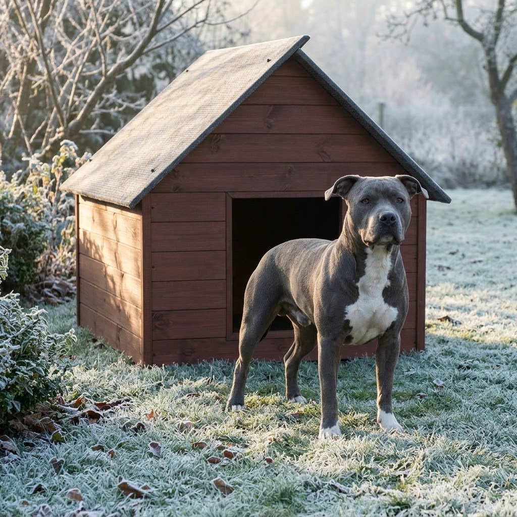 Niche pour Staffie – Isolée, Bois Palissandre, XXL – en situation au jardin