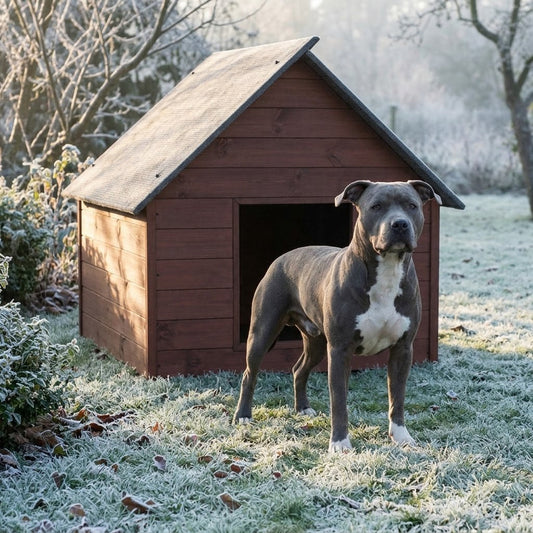 Niche pour Staffie – Isolée, Bois Palissandre, XXL – en situation au jardin