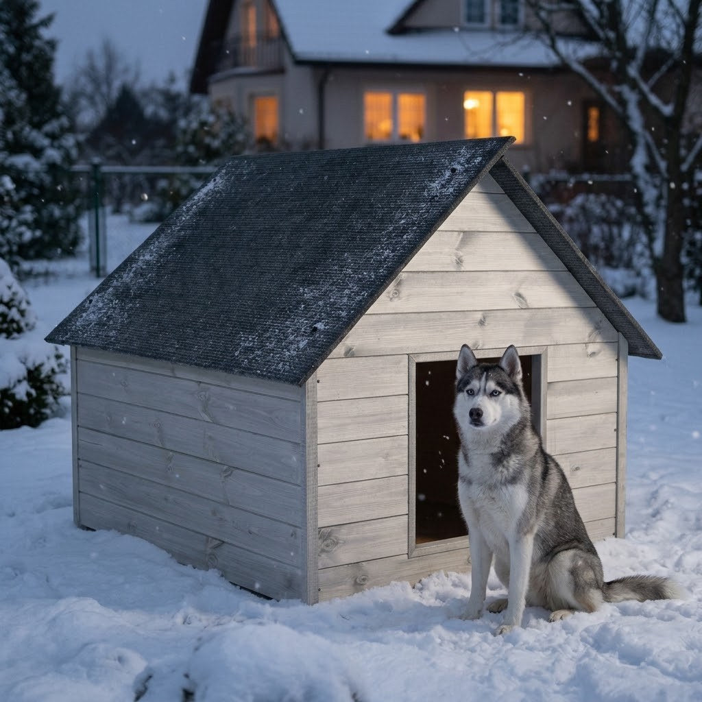 Niche pour Husky – Isolée, Bois Blanc, XXL – en situation au jardin