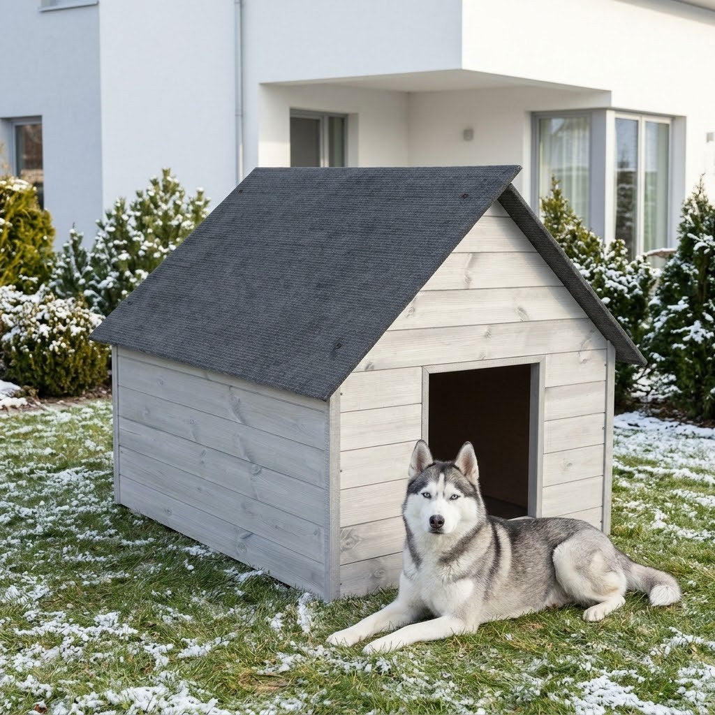 Niche pour Husky – Isolée, Bois Blanc, XXL – Blanche, elle éclaire le jardin