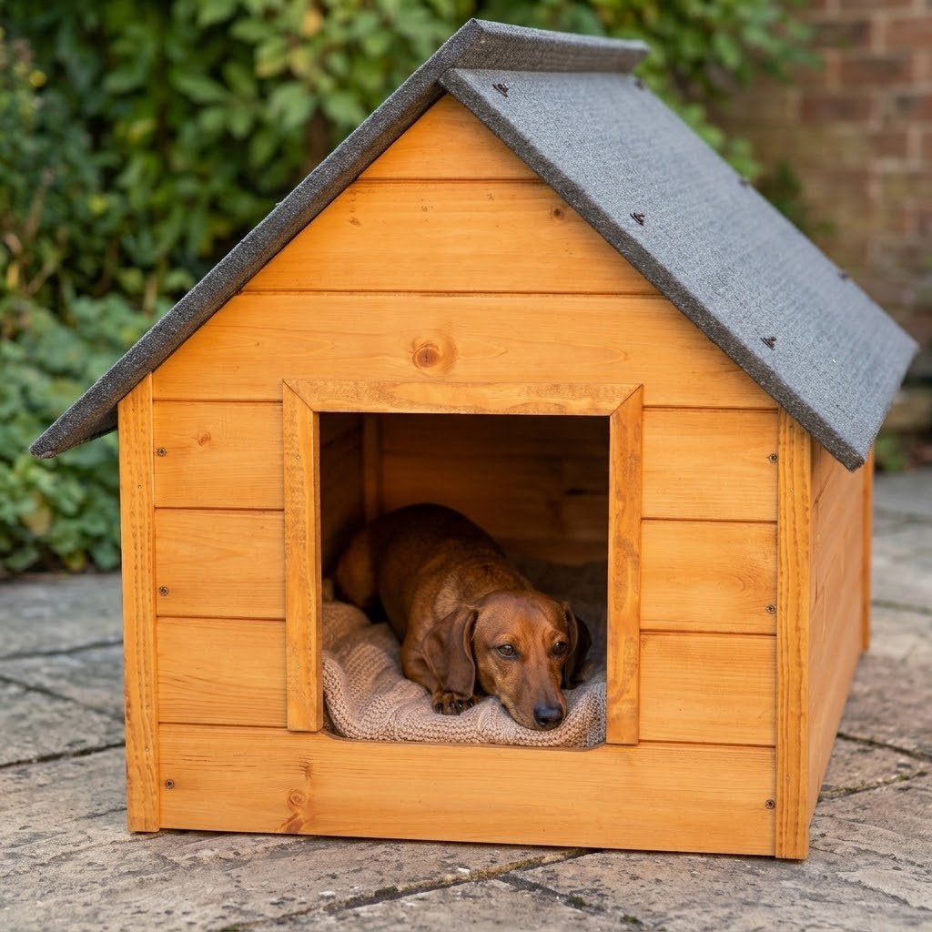 Niche pour Teckel – Isolée, Bois Teck, Taille L – Un couchage long pour un chien long