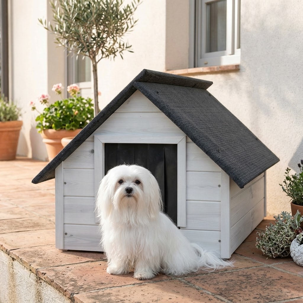 Niche pour Bichon – Isolée, Bois Blanc, Taille M – en situation au jardin