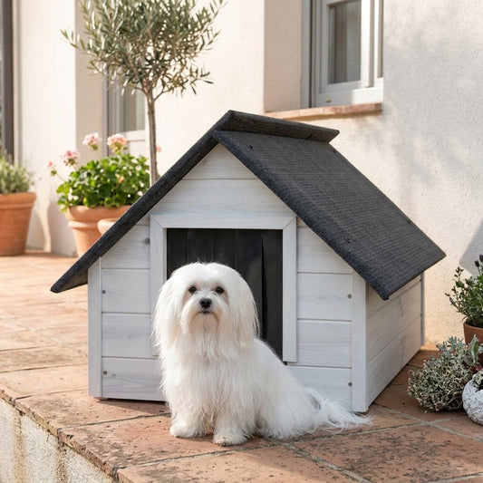 Niche pour Bichon – Isolée, Bois Blanc, Taille M – en situation au jardin