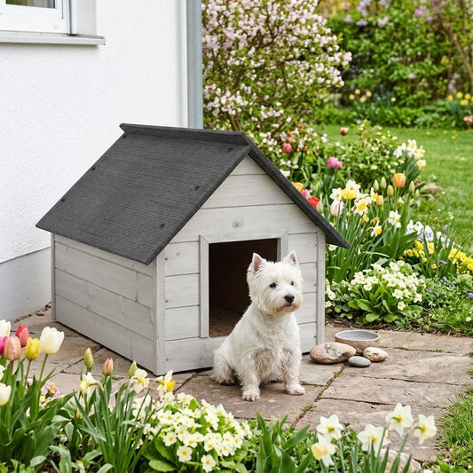 Niche Chien Blanche – Isolée, Bois, Taille L – en situation au jardin