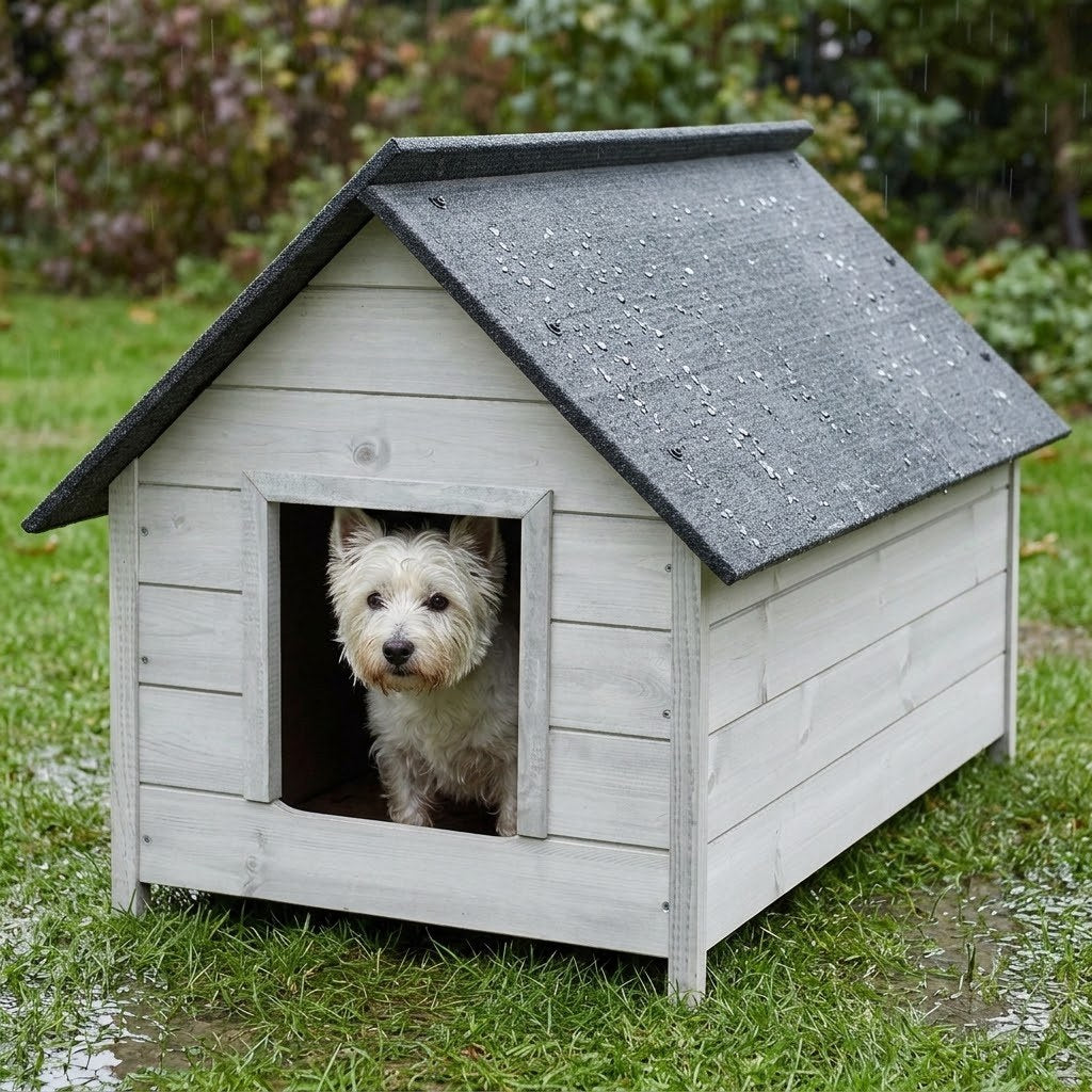 Niche Chien Blanche – Isolée, Bois, Taille L – Rideau coupe-vent