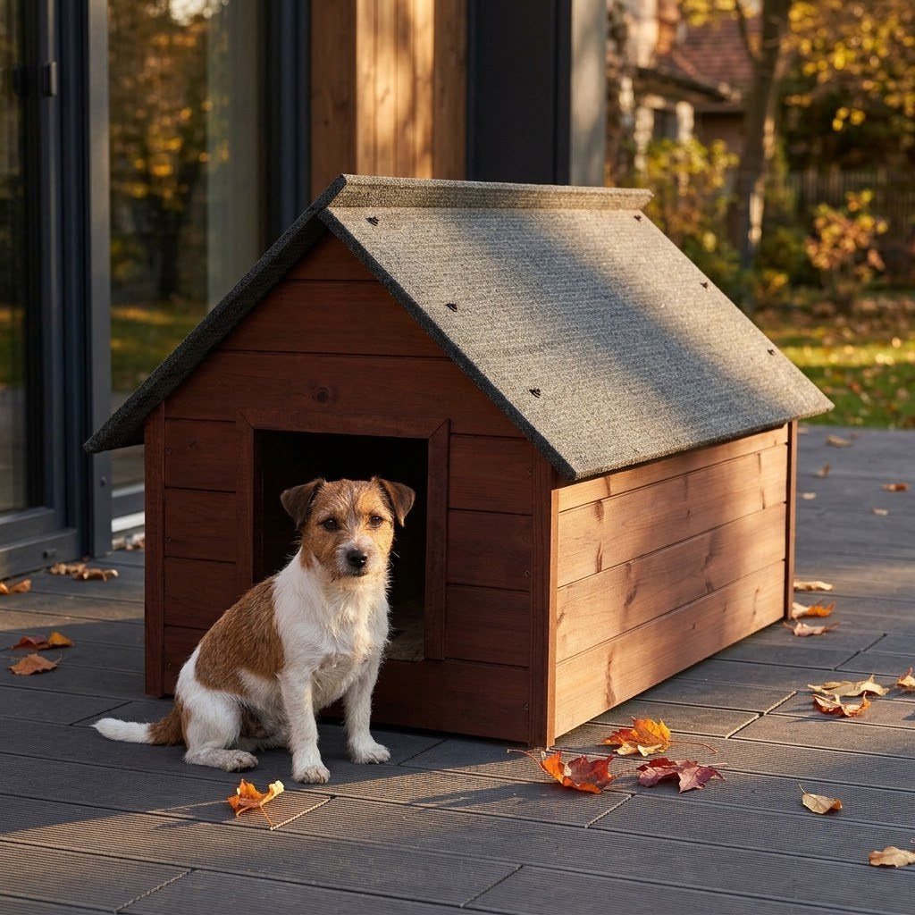 Niche Chien Taille L – Isolée, Bois Palissandre – en situation au jardin