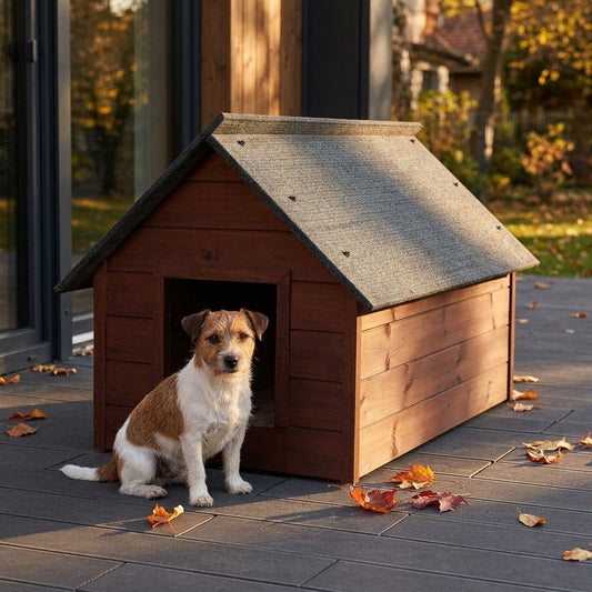 Niche Chien Taille L – Isolée, Bois Palissandre – en situation au jardin