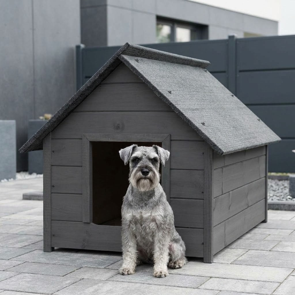 Niche Chien Grise – Isolée, Bois Anthracite, Taille L – en situation au jardin