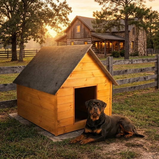 Niche pour Rottweiler – Isolée, Bois Teck, XXL – en situation au jardin