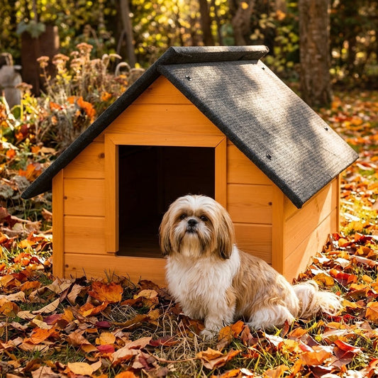 Niche pour Shih Tzu – Isolée, Bois Teck, Taille M – en situation au jardin