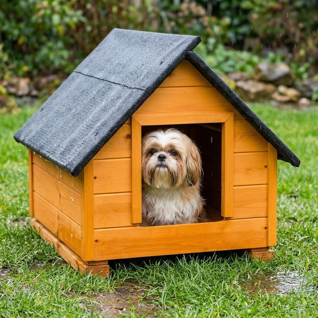 Niche pour Shih Tzu – Isolée, Bois Teck, Taille M – Un abri chaud à sa taille