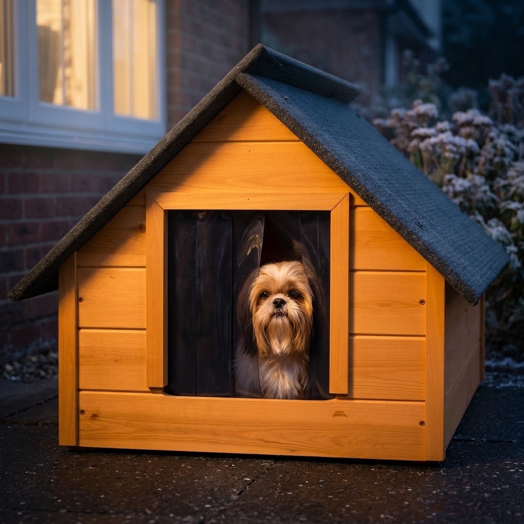 Niche pour Shih Tzu – Isolée, Bois Teck, Taille M – Le vent reste dehors