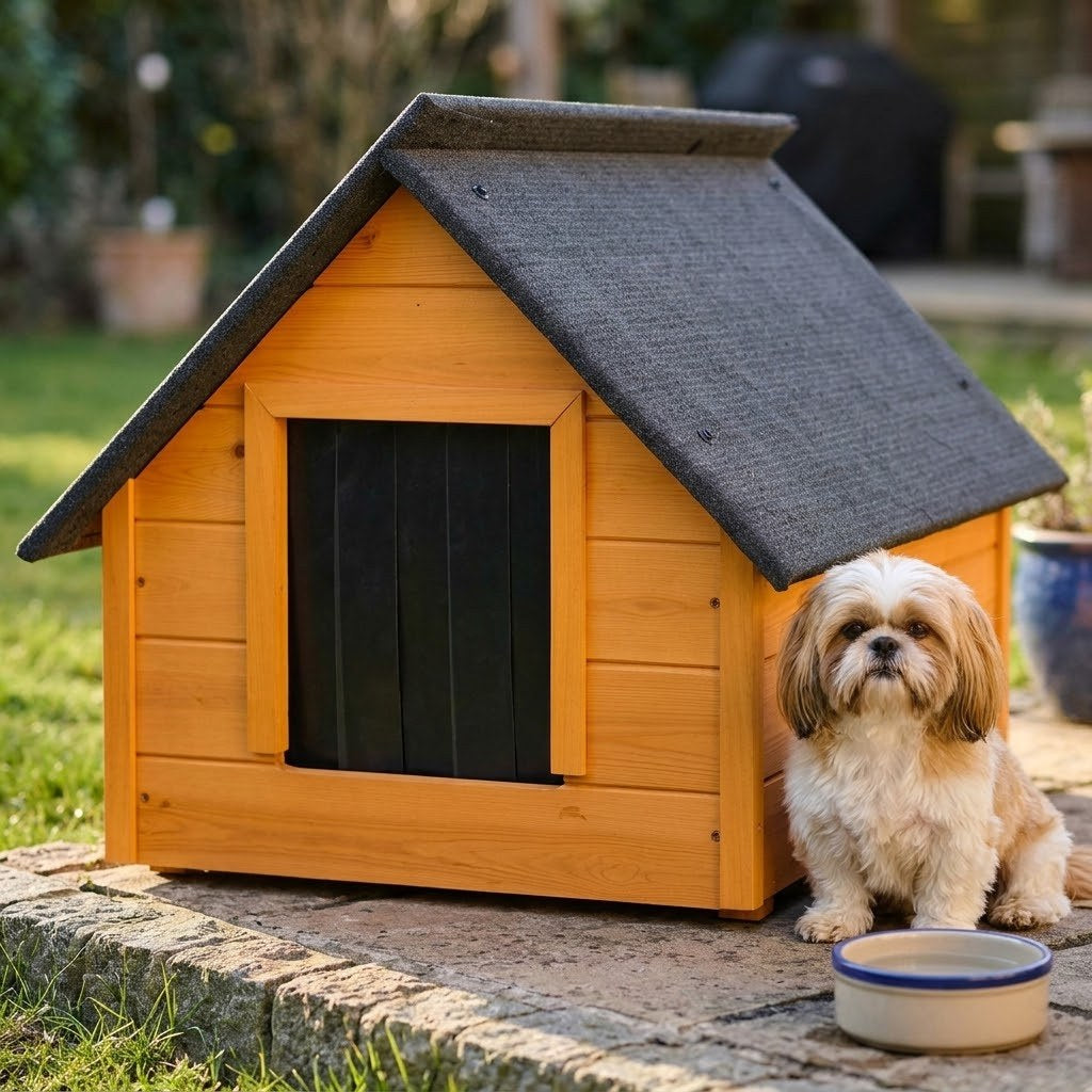 Niche pour Shih Tzu – Isolée, Bois Teck, Taille M – Au sec par-dessous
