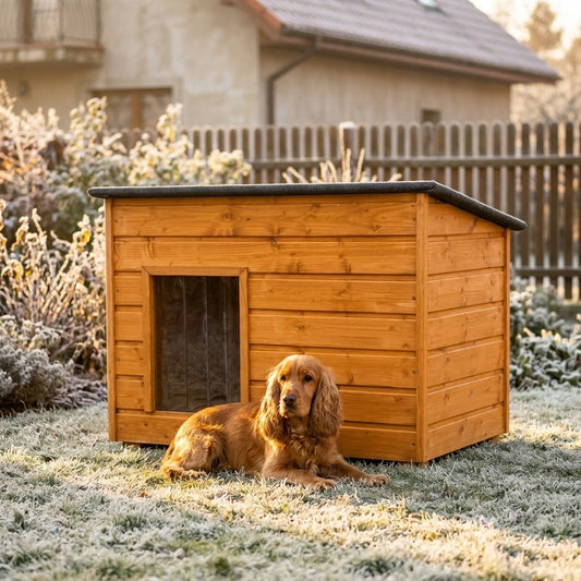 Niche pour Chien Moyen – Isolée, Bois Teck, 2XL – en situation au jardin