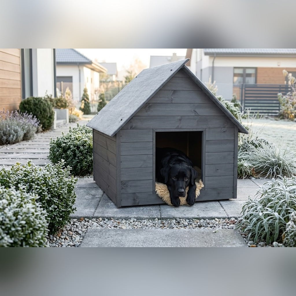 Niche Chien XL – Isolée, Bois Anthracite – en situation au jardin