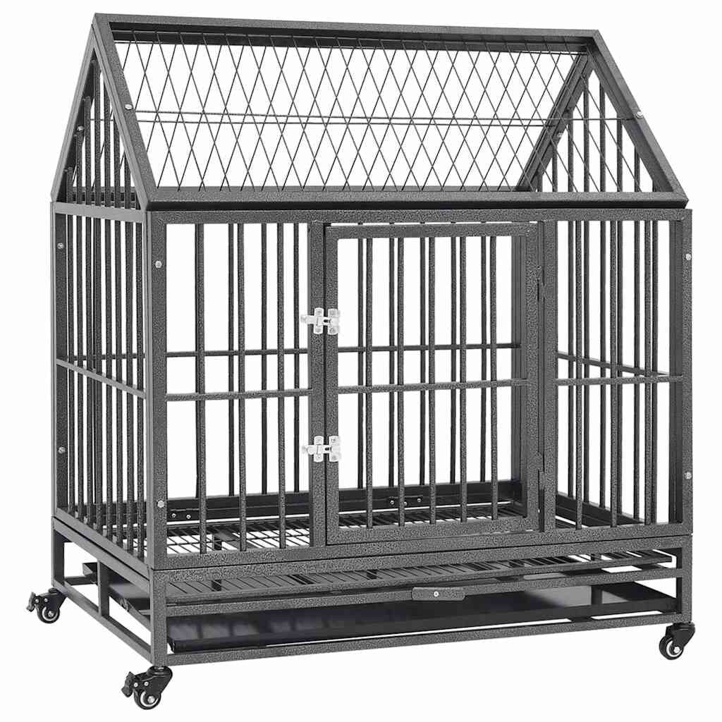 Cage Chien Intérieur avec Toit et Roulettes 92 x 62 x 106 cm en Acier