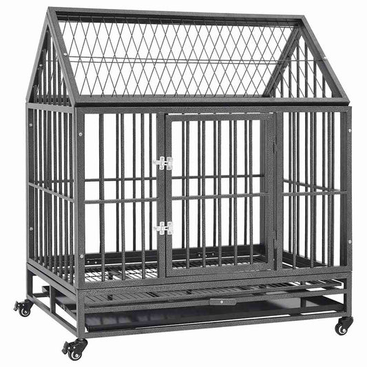Cage Chien Intérieur avec Toit et Roulettes 92 x 62 x 106 cm en Acier