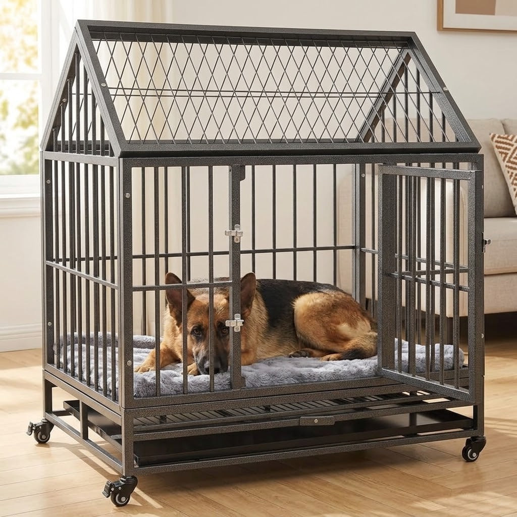 Cage Chien Intérieur avec Toit et Roulettes 92 x 62 x 106 cm en Acier – mise en situation