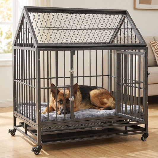 Cage Chien Intérieur avec Toit et Roulettes 92 x 62 x 106 cm en Acier – mise en situation