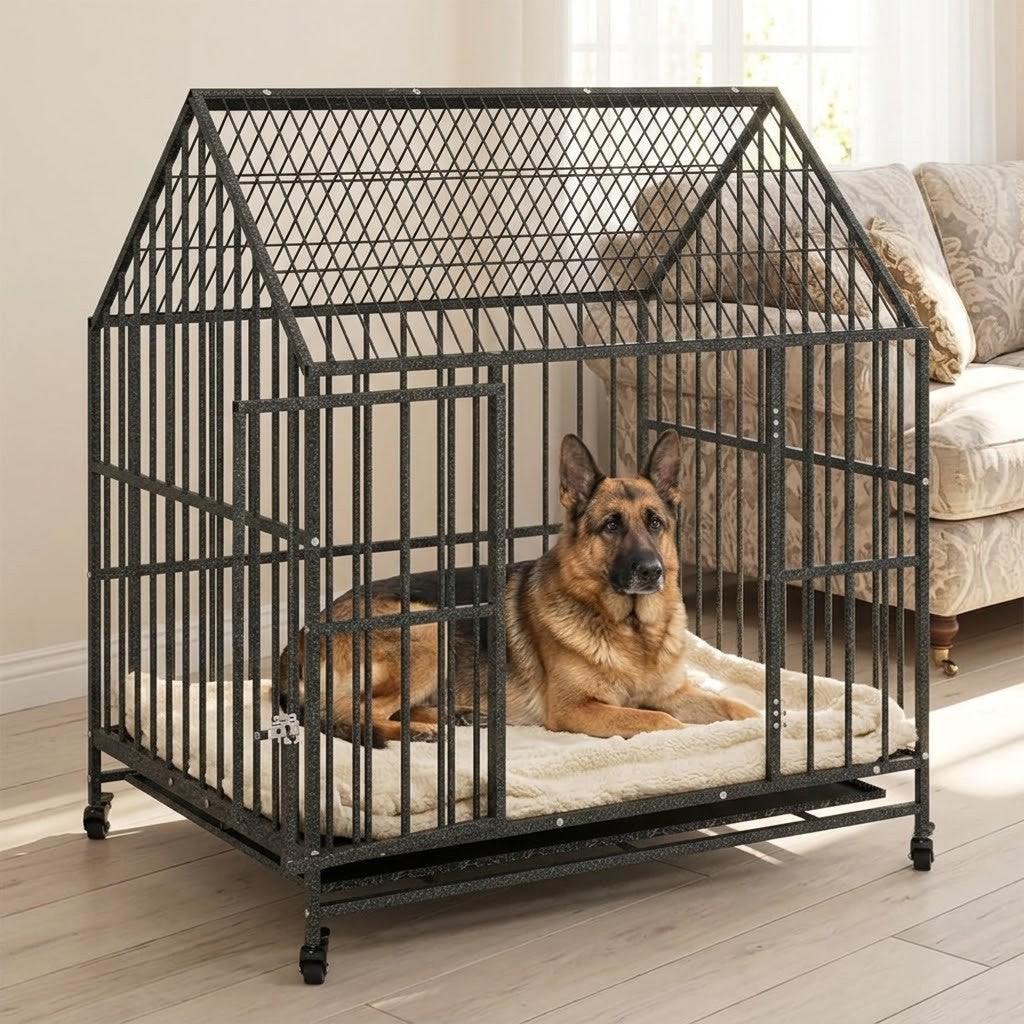 Cage pour Grand Chien sur Roulettes 100 x 77 x 115 cm Acier Galvanisé Noir – mise en situation