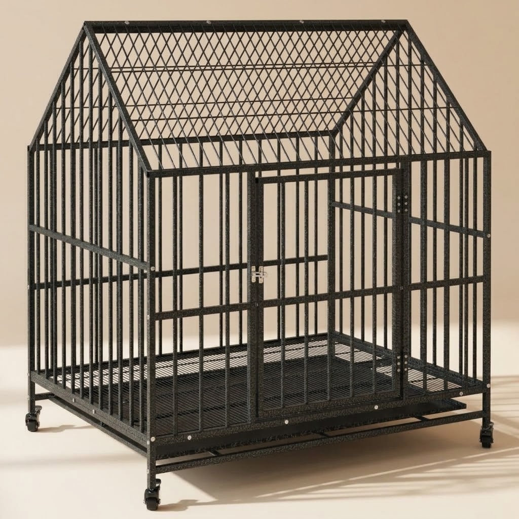Cage pour Grand Chien sur Roulettes 100 x 77 x 115 cm Acier Galvanisé Noir – photo du produit