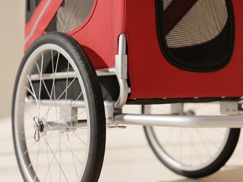 Carriole Vélo Chien Pliable en Tissu Oxford Rouge et Noir – détail des finitions