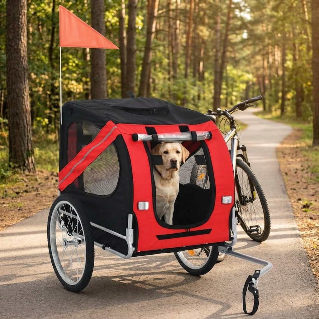 Carriole Vélo Chien Pliable en Tissu Oxford Rouge et Noir – mise en situation