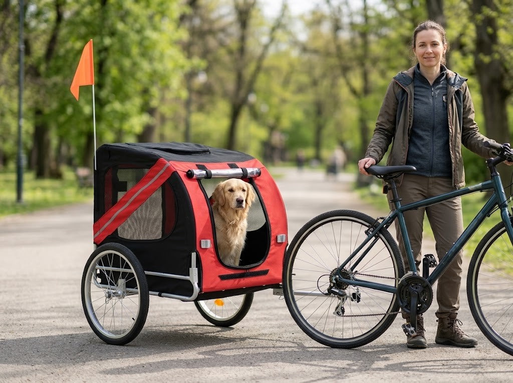 Carriole Vélo Chien Pliable en Tissu Oxford Rouge et Noir – taille réelle
