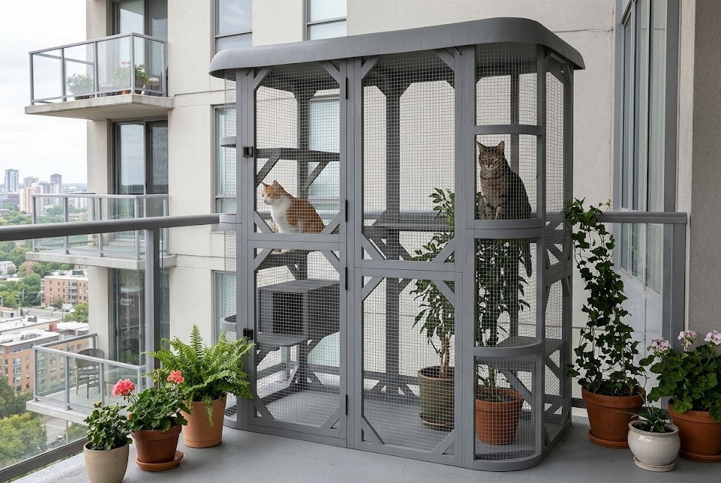 Catio installé sur un balcon d'appartement, chats sur les plateformes