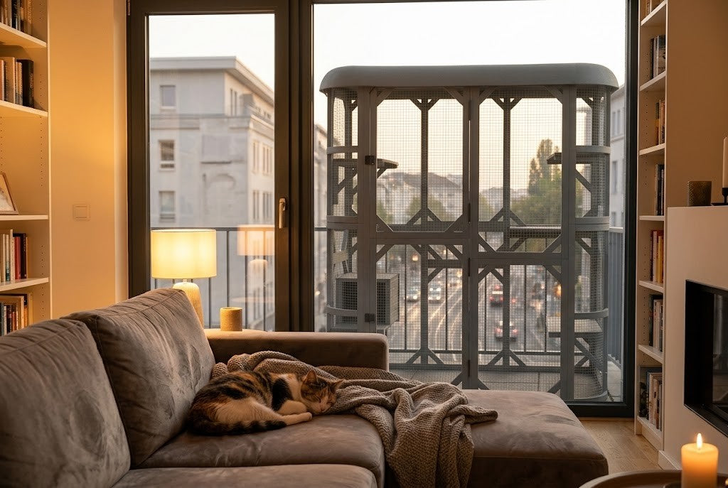 Chat détendu qui dort dans le salon après sa sortie
