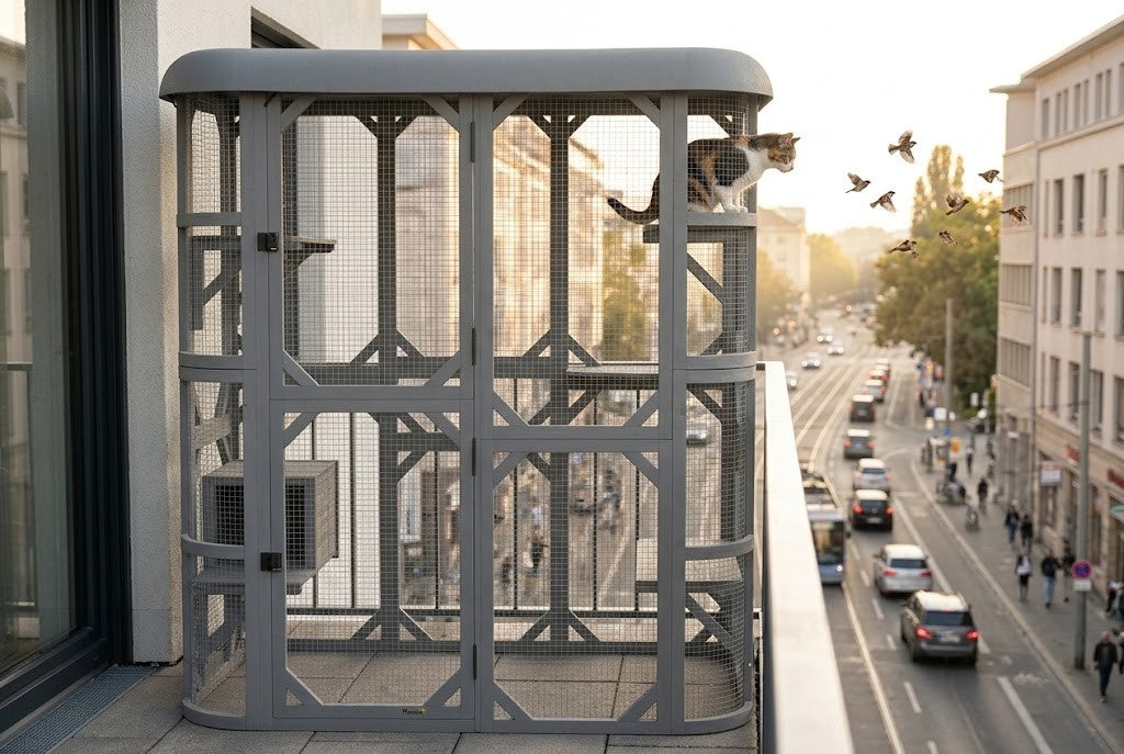 Chat qui observe la ville depuis le catio sur un balcon