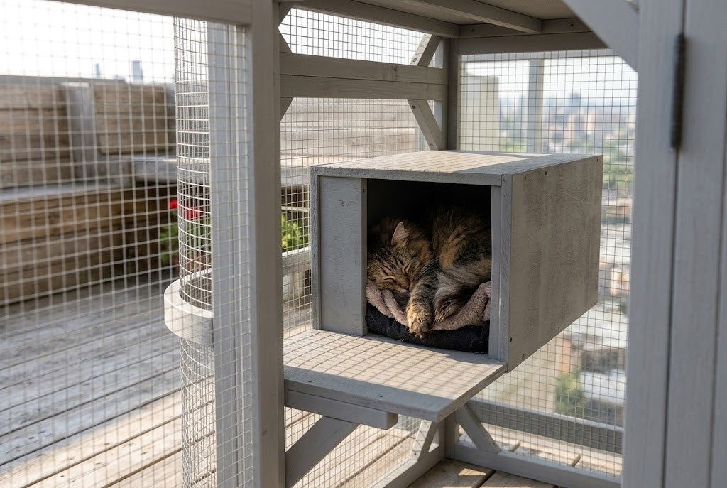 Chat qui se repose dans la maisonnette du catio