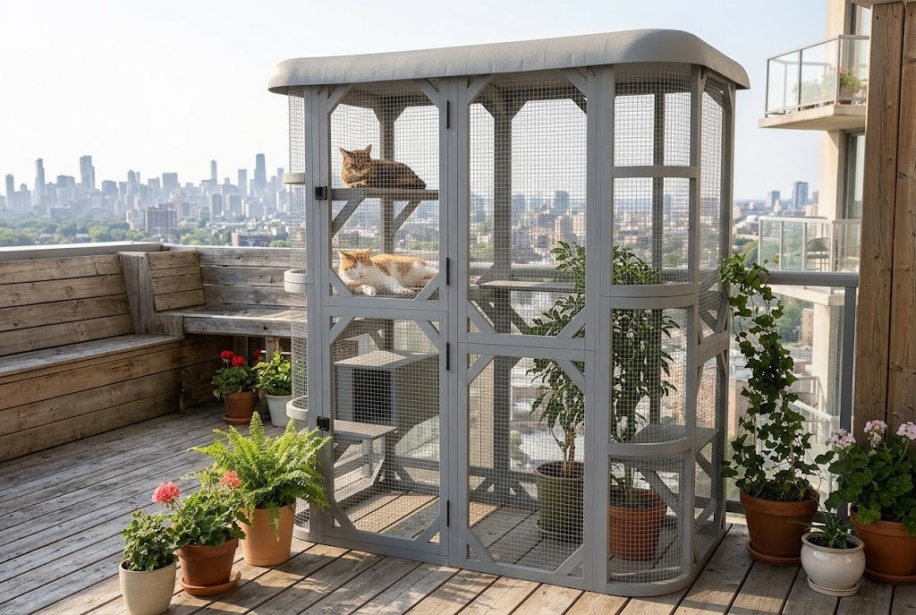Chats qui se dorent au soleil dans le catio sur la terrasse
