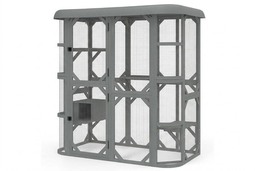 Catio pour chat gris en bois avec maisonnette, 4 plateformes et toit en toile