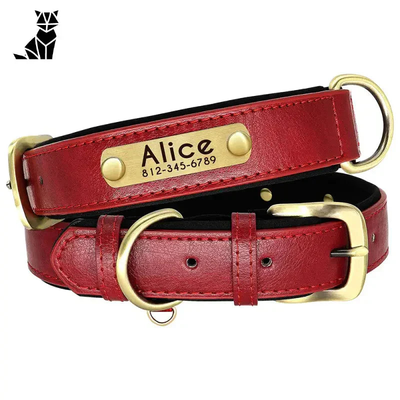 Collier chien en cuir rouge résistant avec quincaillerie en laiton, personnalisable à l’usure