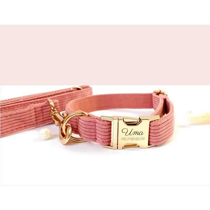 Collier Chien Personnalisé Velours Côtelé Corail