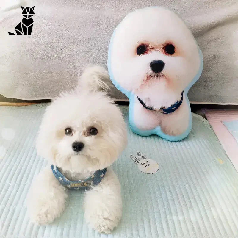 Petit chien blanc et animal en peluche avec Coussin Souvenir Confort - Personnalisable et Elégant