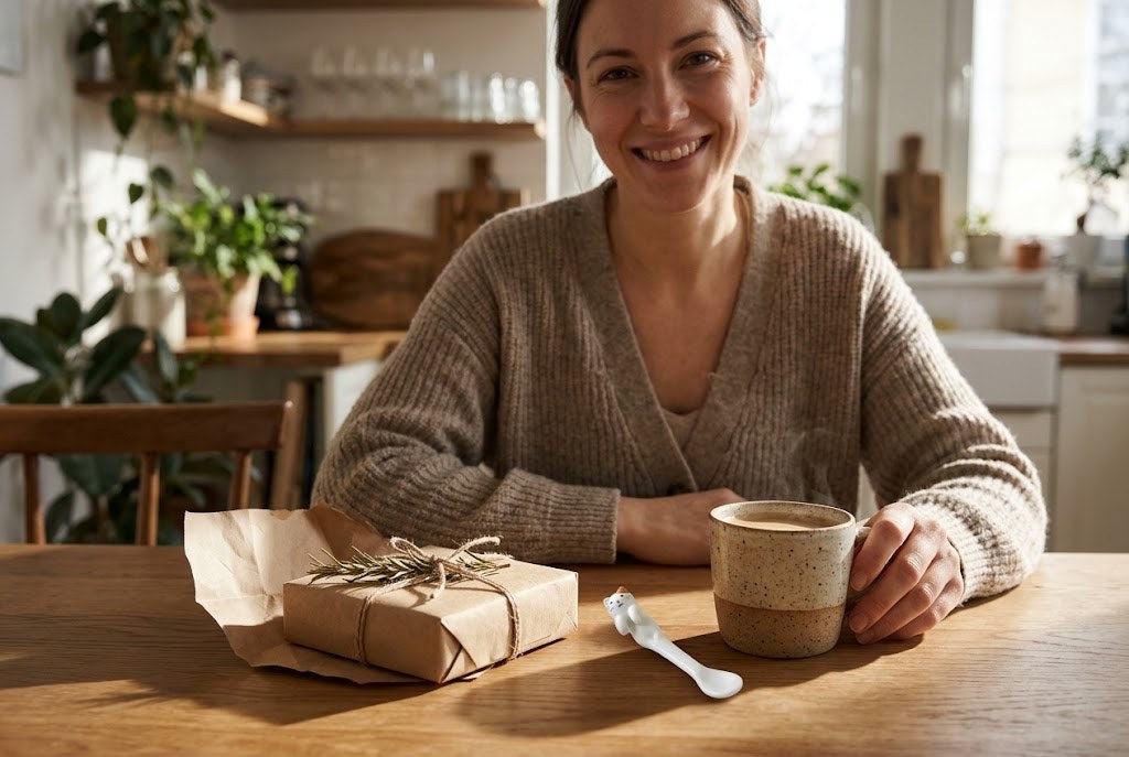 Le sourire du premier café dans son nouveau mug