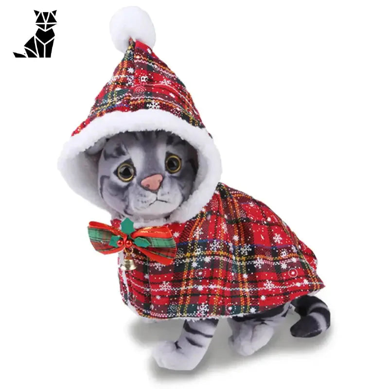 Photo d’un chat vêtu d’un manteau à carreaux rouges et d’un nœud - Costume de chat de Noël : Confort et sécurité