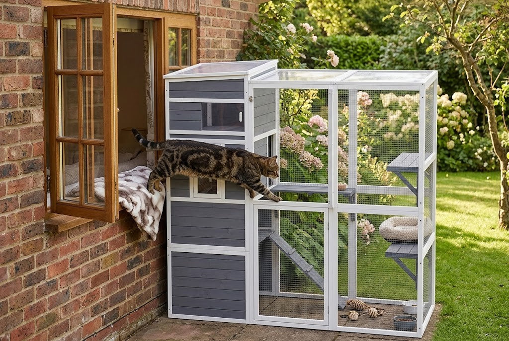 Chat qui passe de la fenêtre de la maison directement dans l'enclos extérieur
